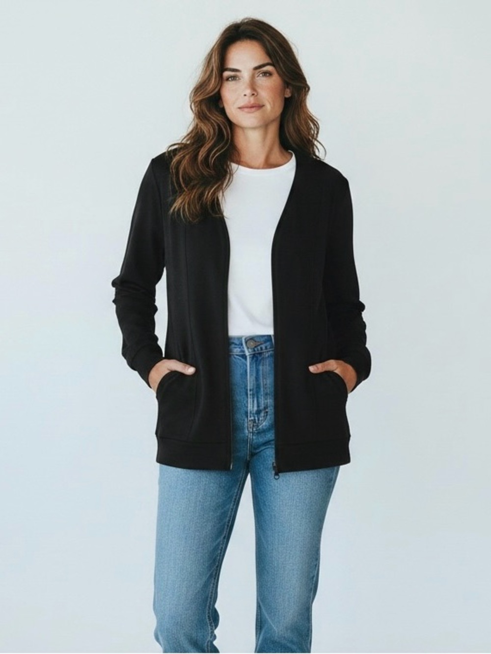 Jones New York Petite Medium Black Cotton Full Zip Knit Jacket Cardigan Pockets